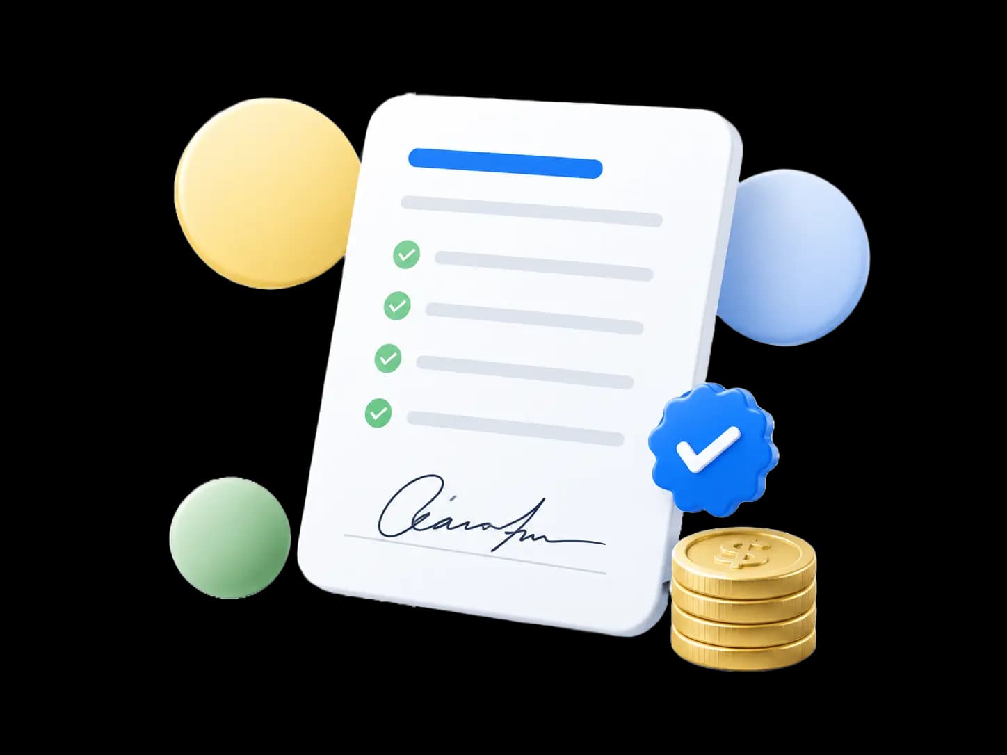 Signed contract illustration with checkmarks and payment coins